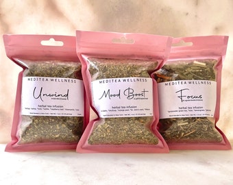 Mental Health Tea Bundle | 3 Bags of Organic Loose-Leaf Medicinal Herbal Infusion | Healing Tea | Focus | Tea Lover | Unique Gift Ideas
