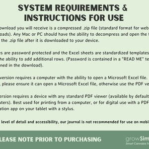 May include: A green and white graphic with the text "SYSTEM REQUIREMENTS & INSTRUCTIONS FOR USE." The text details file formats, password protection, and device compatibility for a digital download. The bottom of the graphic reads "PLEASE NOTE PRIOR TO PURCHASING."