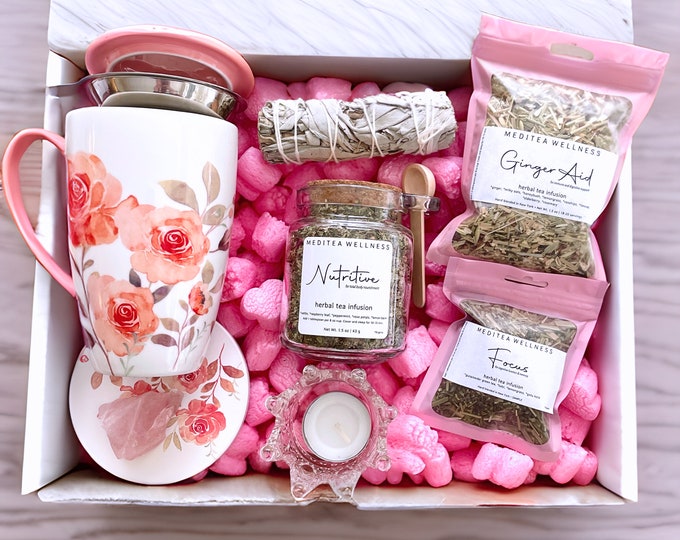 Valentine's Gift Set, Tea Gift Basket For Her with Organic Loose Leaf Herbal Tea, Ceramic Tea Infuser Mug, White Sage, Love Ritual Box