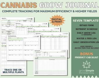 Cannabis Grow Journal / Log with 7 Templates | Daily & Weekly | Digital Download | Printable | Excel | PDF | Product Checklist | Marijuana