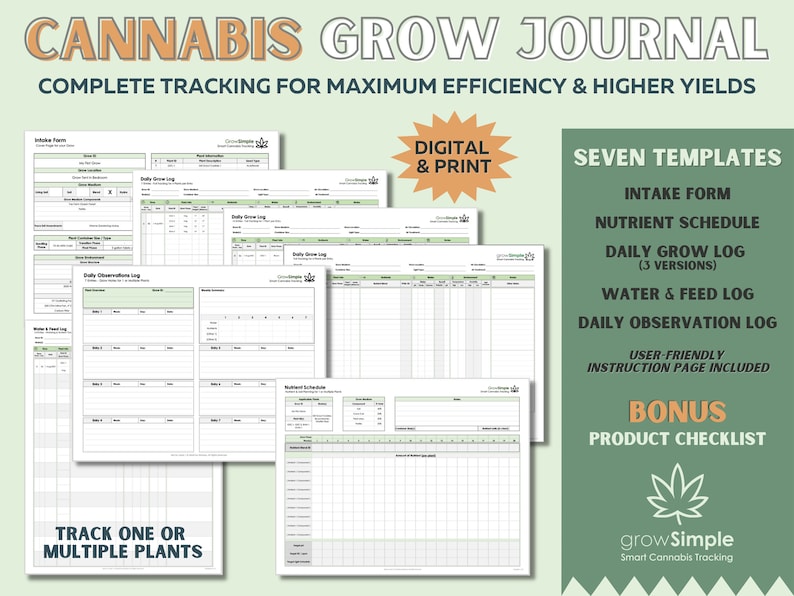 May include: A cannabis grow journal with the text "Cannabis Grow Journal" and "Complete Tracking for Maximum Efficiency & Higher Yields." The journal includes seven templates, such as an intake form and daily grow log. It is available in digital and print formats.