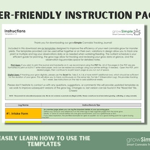 May include: A user-friendly instruction page with the title "USER-FRIENDLY INSTRUCTION PAGE". The page includes instructions, tips, and a log name section. The growSimple logo is visible in the top right and bottom right corners.