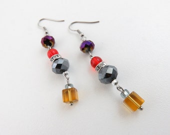 SALE - Amber colored glass cube earrings, faceted glass beads, red glass bead, rhinestone spacer, stainless steel