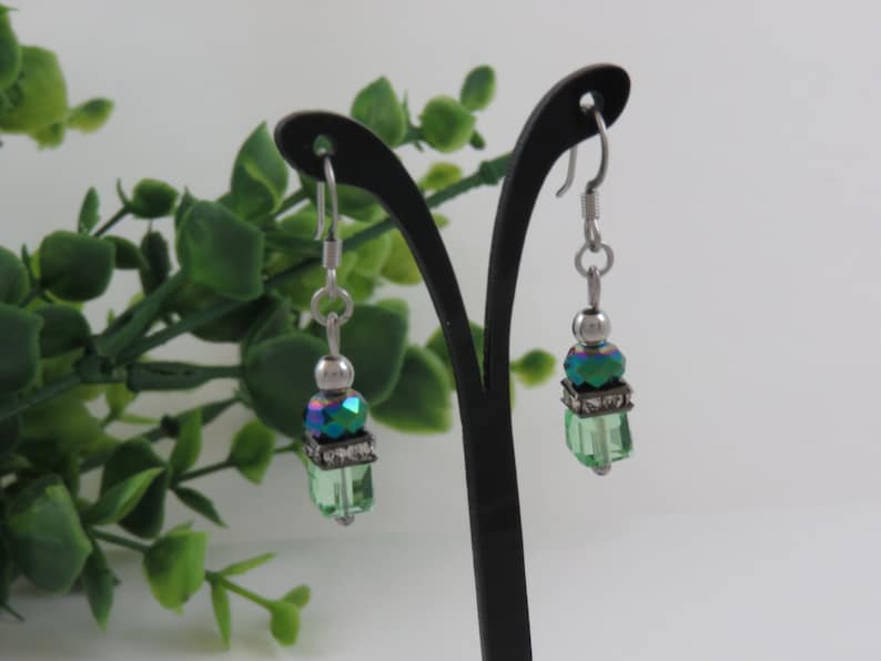 faceted rhinestone stainless steel ball spacer blue bead Earrings cube glass green