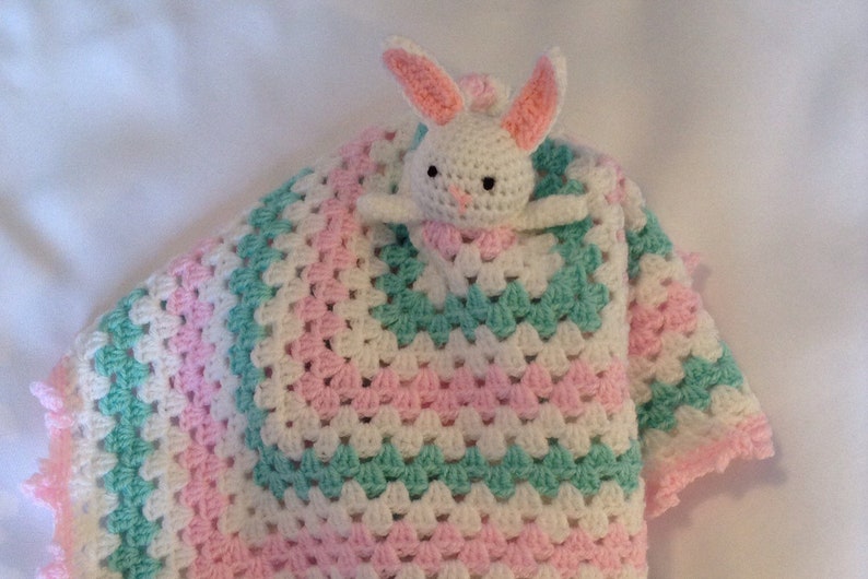 Handmade Crocheted Bunny Comforter Snuggle Blanket Lovey Baby Gift Baby Shower Blanket Rabbit