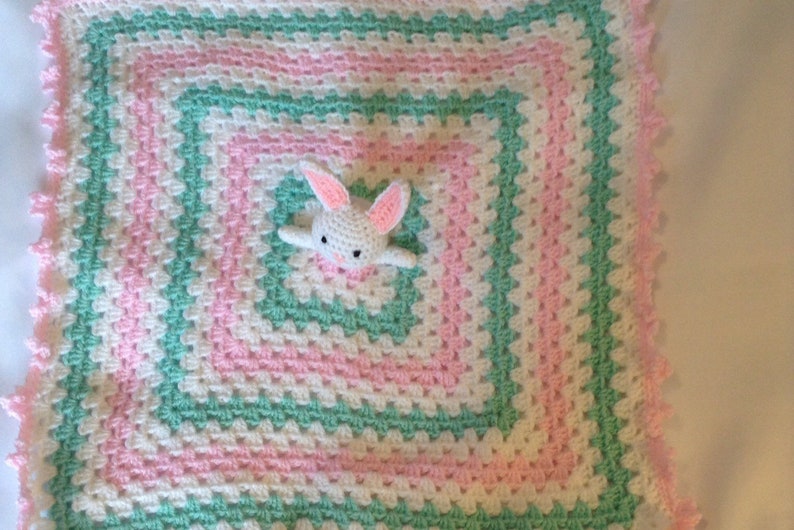 Handmade Crocheted Bunny Comforter Snuggle Blanket Lovey Baby Gift Baby Shower Blanket Rabbit