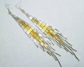Gold and Silver Bugle Beaded Earrings, Hand Beaded Gold Earrings, Native American Inspired, Long Gold Earrings, Handmade Jewelry