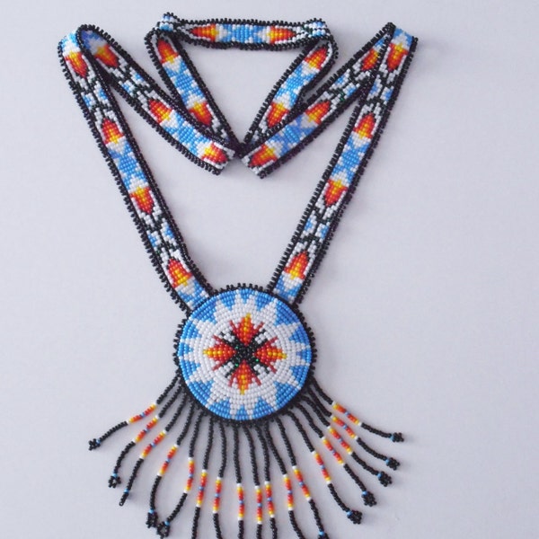 Seed Beaded Necklace, Native American Inspired Beaded Medallion, Seed Beaded Rosette Necklace, Flower Rosette Necklace, Beaded Neckstrap