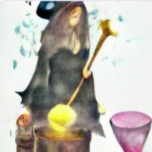 May include: A woman in a black robe and a pointed hat stands over a cauldron with a yellow liquid inside. She holds a wooden staff with a golden top. A glass goblet with a pink liquid sits on the ground to the right.