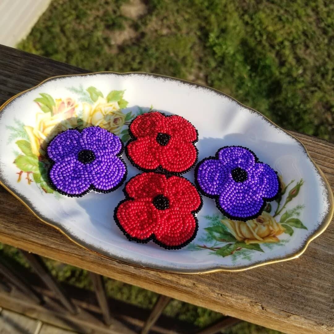 Native American Beaded Purple Poppy Brooch Pin Etsy