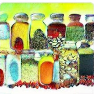 May include: A row of glass jars filled with various colorful ingredients, including spices, grains, and dried fruits. The jars are arranged on a shelf with a white background.