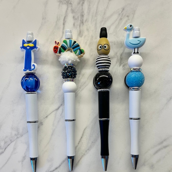 Children’s book character pens, beaded pens, kids book character pens, gift pens, teacher pens, book pens, character pens, silicone focal