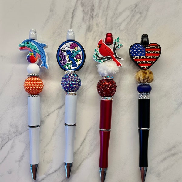 Dolphin, hummingbird, American flag, cardinal, bead pens, bird pens, silicone focal beads, gifts for bird lovers, gift pens