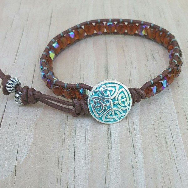Dark topaz leather cord ladder wrap bracelet, single leather wrapped bracelet, beaded bracelet, Czech beaded bracelet, trendy jewelry