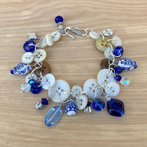 Cobalt blue ceramic beaded button bracelet, summer jewelry, rustic jewelry, boho bracelet