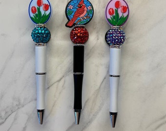 Cardinal stained glass beaded pen, Tulip beaded pens, silicone focal beads, ballpoint pens, beaded pens, Mother’s Day gifts