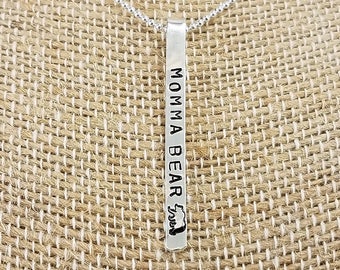 Sterling Silver Vertical Inspirational Necklace; Momma Bear; Hand Stamped; Custom