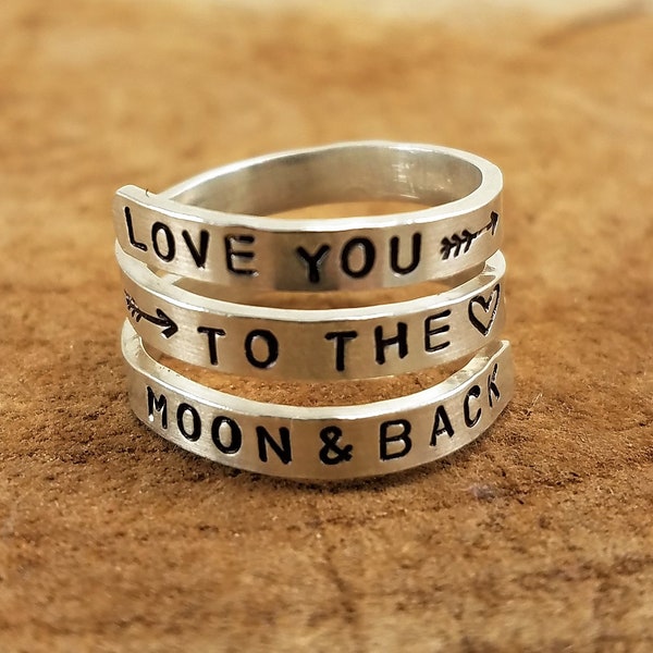 Love You To The Moon & Back - 1/8" Sterling Silver Triple Wrap Ring; Custom; Personalize; Hand-Stamped