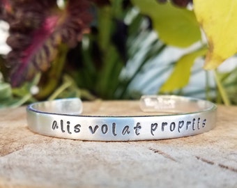 Alis Volat Propriis - Hand-Stamped Bangle; Custom, Personalize, 1/4" Aluminum