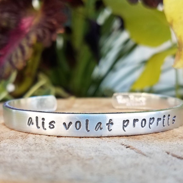 Alis Volat Propriis - Hand-Stamped Bangle; Custom, Personalize, 1/4" Aluminum