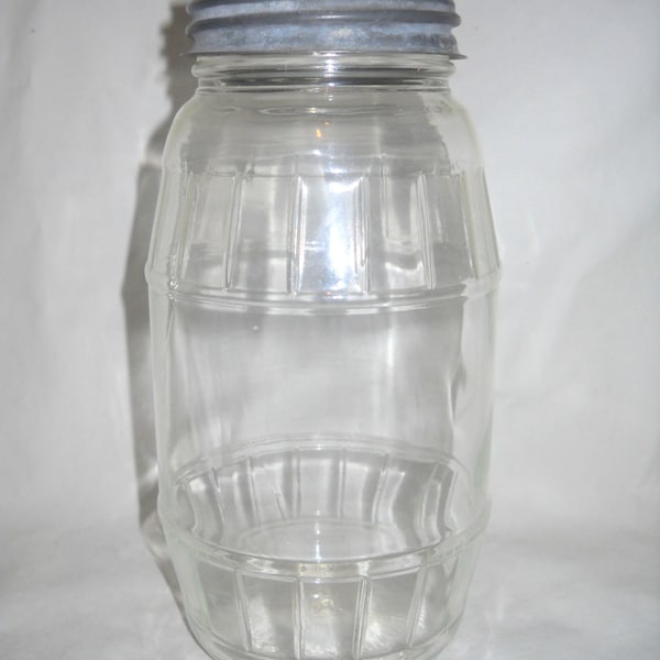 Jahrgang Hazel Atlas Fass Form Glas mit Zink-Deckel, Küche Dekor, Lagerung, Country Decor