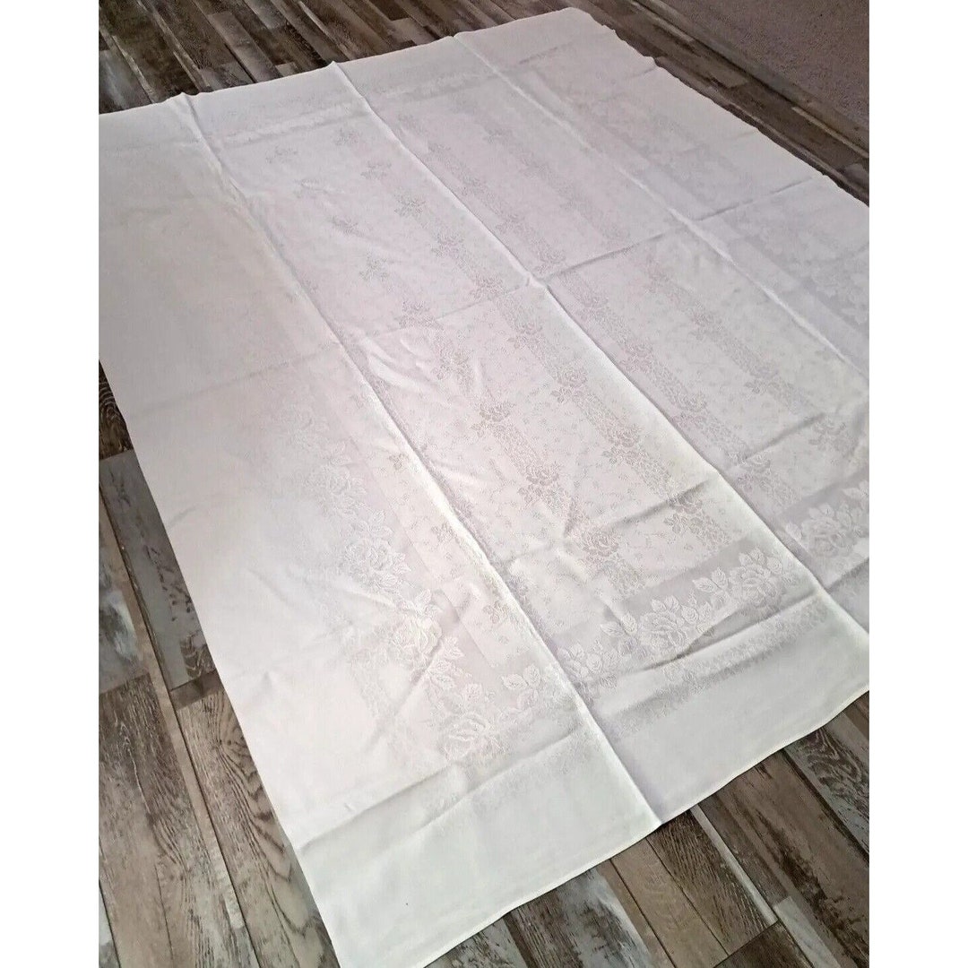 Vintage Irish Linen Double Damask Tablecloth W 3 Matching Napkins White