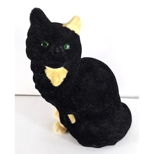 Vintage Flocked Ceramic Cat Figure Black Tan Realistic Green Eyes 8.5&quot;