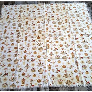 VTG Square Tablecloth Harvest Gold Red Rooster Teapot Flowers Fringe MCM 32&quot;