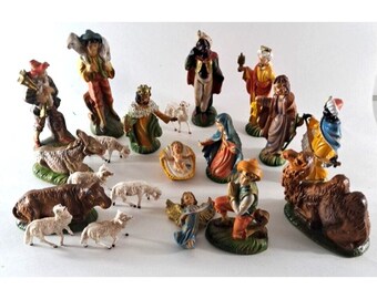 Vintage Presepio Nativity Set Crib Set Italy 20 Pc Resin 5" W Original Box