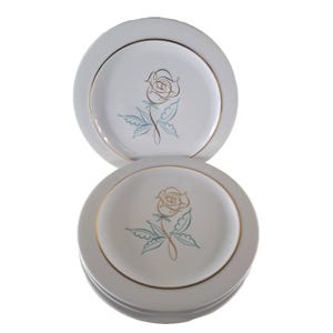 May include: A stack of white ceramic plates with a gold rim and a gold and teal rose design. The plates are round and have a simple, elegant aesthetic, suitable for everyday use or special occasions.