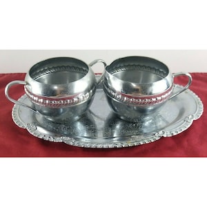 vintage Irvinware Chrome Cream & Sugar Bowls Containers With Tray Tea Coffee