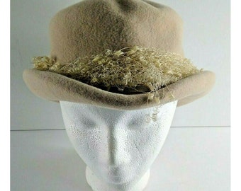 Women's VTG Hat Christine Velour Opera Tan Ribbon & Lace Size 22 Rolled Brim