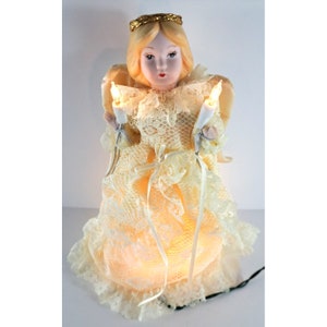 Vintage Christmas Angel Tree Topper Porcelain Lighted Ivory Lace Dress Wings 10&quot;