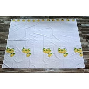 Vintage Block Print Tablecloth Yellow Gingham Apples Country Kitchen 50x43