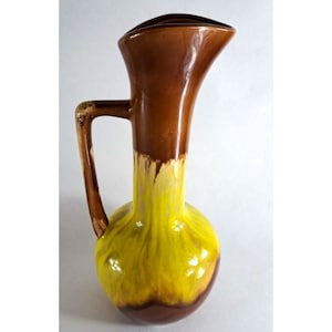 Vintage Drip Glaze Pitcher Ewer Brown Yellow Mid Century Vase Japan 10&quot;