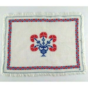 Vintage Cross Stitched Embroidered Towel Fringe Swedish Flowers Folk Art Cottage