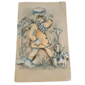 Vintage Alfred Mainzer 3D Postkartenpapier Pop Up Kleines Mädchen & Hund Belgien