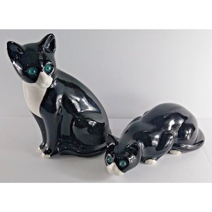 VTG Elpa Alcobaca Cat Pair Figures Black White Green Glass Eyes 11&quot; Portugal
