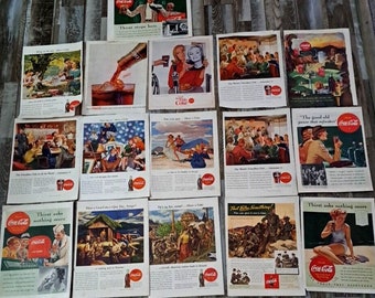 Vintage Coca Cola Print Ads Lot Of 16 1940s WWII 1960s Mancave Bar Art 14x10.5