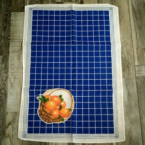 Vintage Kitchen Towel Cloth Oranges In Basket Blue Checked Cotton Portugal Retro