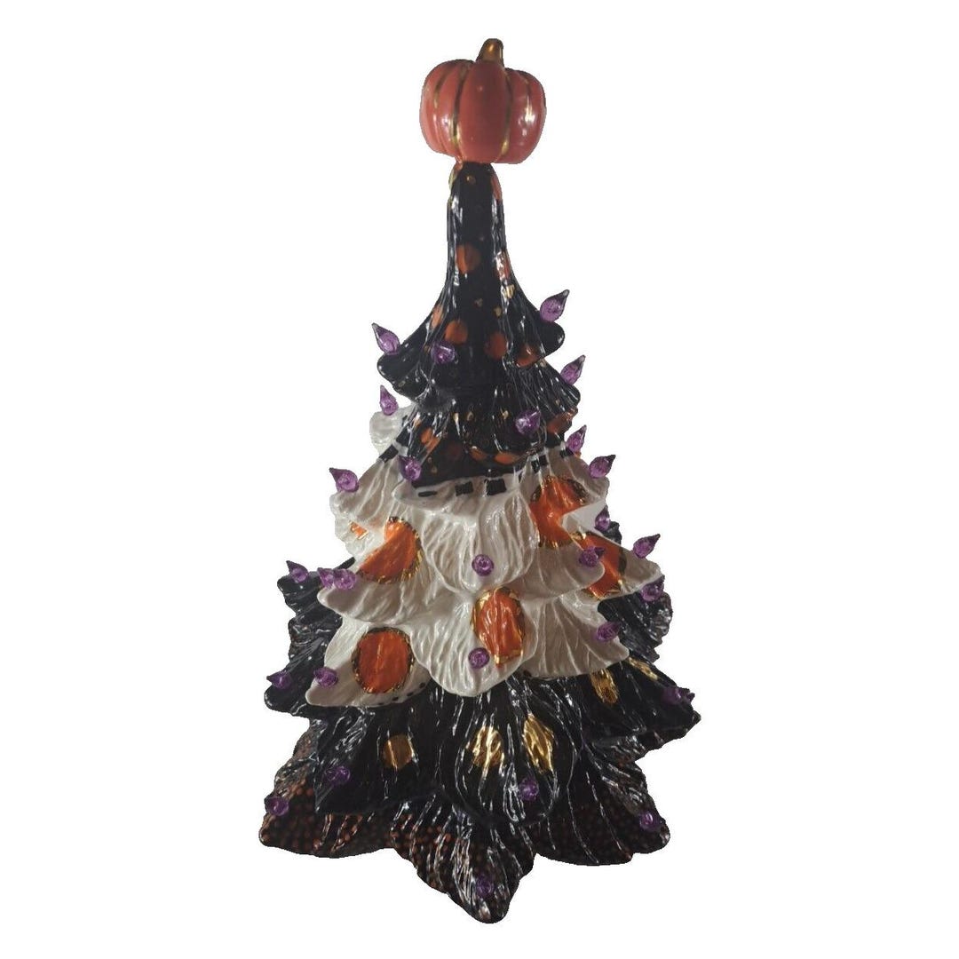 Lighted Halloween Tree Pumpkin Topper Ceramic 13.5" Purple Orange No ...