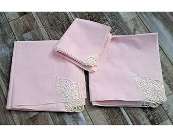 Pale Pink Tablecloth Set Linen Square Napkins Lace Corners Wedding Cottage 10 Pc