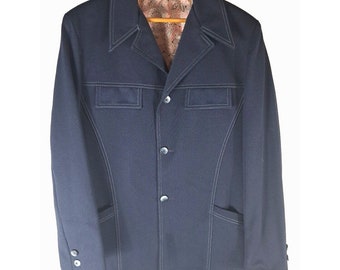 Vintage Campus Mens Blazer Sports Coat Navy Blue Pockets Polyester Leisure 44L