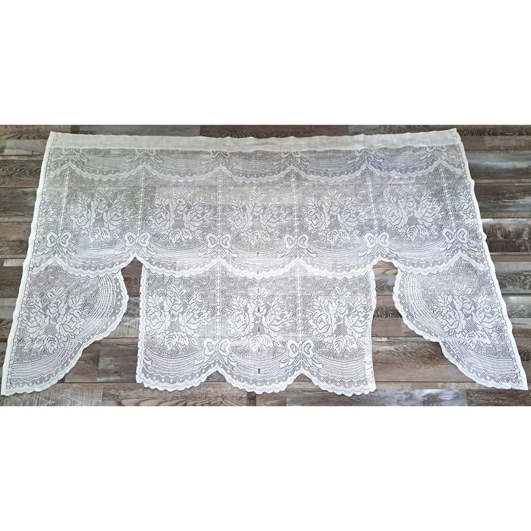 White Lace Swag Curtain Panel Floral Bows Cottage Country Farmhouse ...