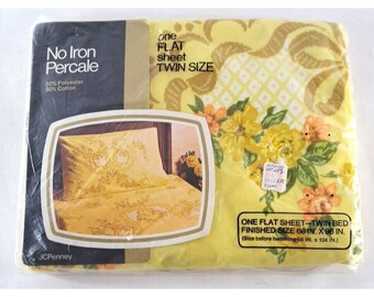 VTG NEW Twin Flat Sheet JC Penney Fashion Manor Yellow Orange Floral Percale