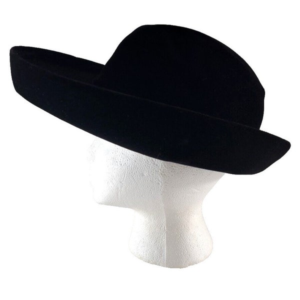 vintage Miss Luci femme velours chapeau derby retroussé bord noir élégant 22"