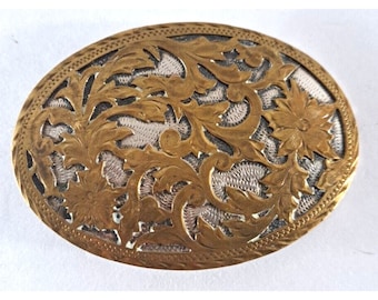 Boucle de ceinture pour femme en métal argenté et doré floral en filigrane Ouest du Mexique 4 x 3 pouces