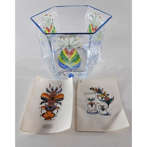 Vintage SEA Art Glass Dish Rune Strand Vase Painted Kurbits Swedish 4x5.5