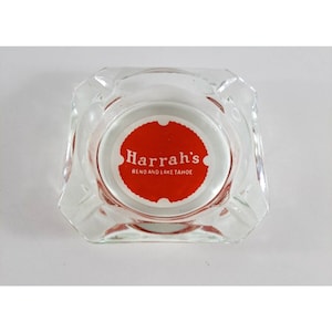 Vintage Harrahs Glass Ashtray Reno Lake Tahoe Casino 3.5&quot; Retro Tobacco