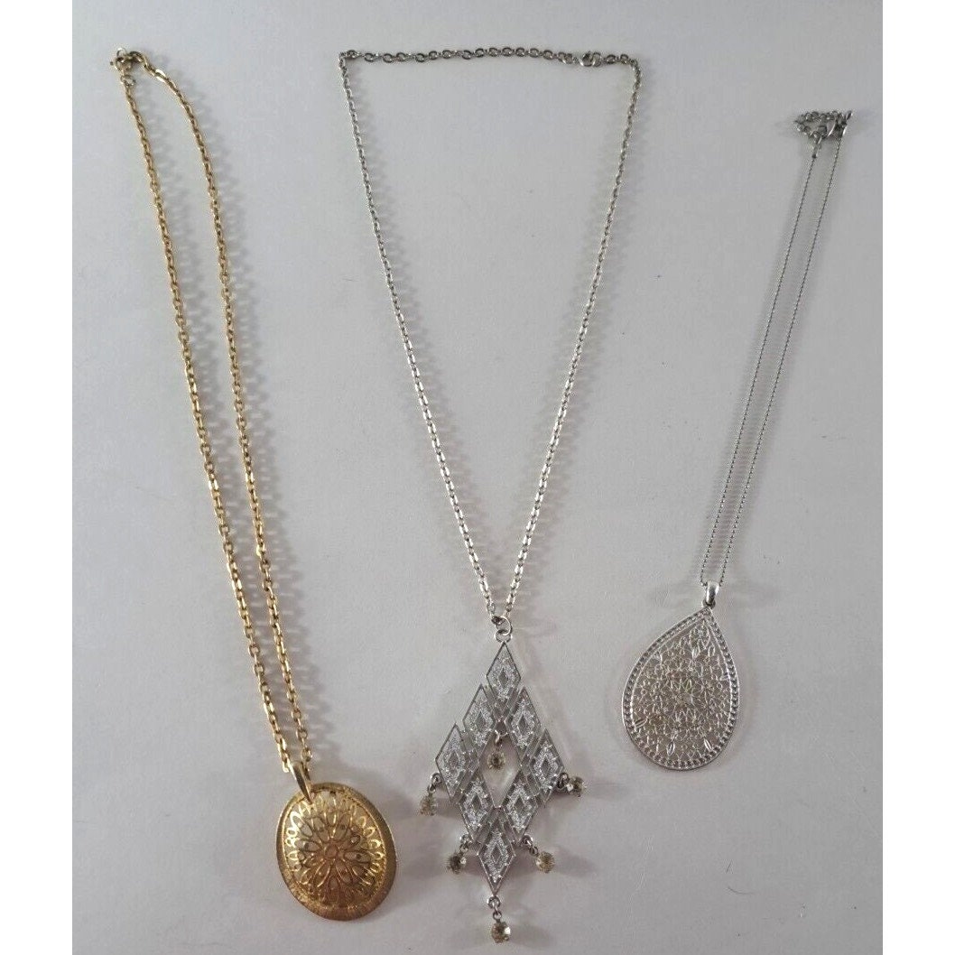Vintage Necklace Lot Gold Silver Tone Pendant Medallion Statement Rhinestones